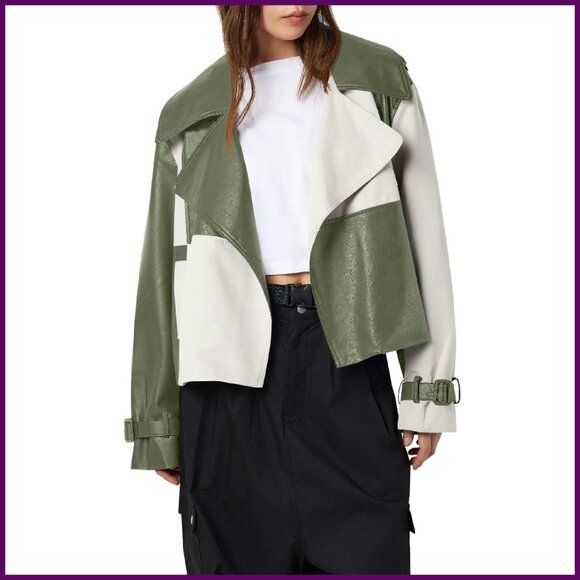 Oversized Cropped Leather Jacket with Color Block Design and Cuff Buckles